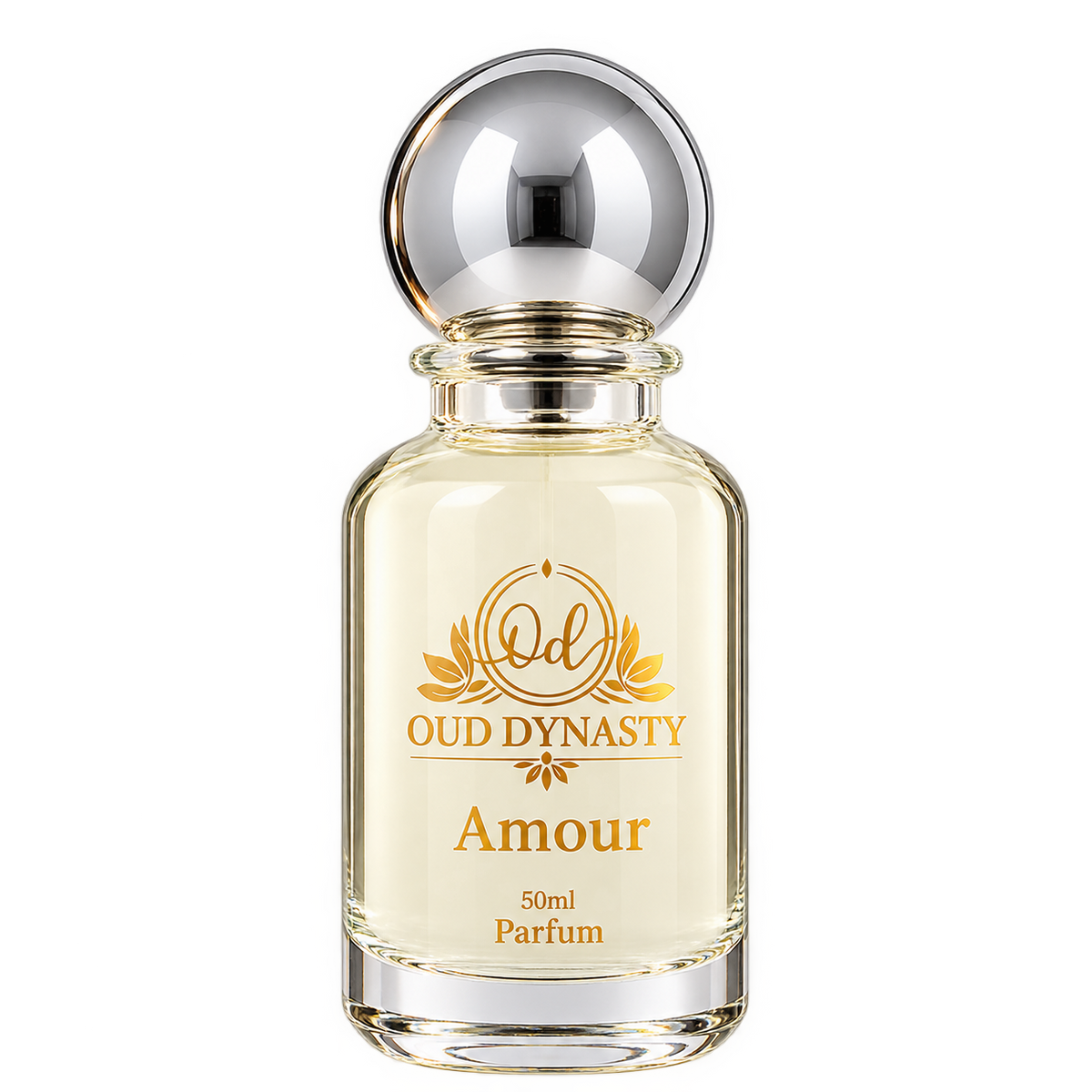 Oud Dynasty Amour 50ml parfum bottle with gold lettering and spherical cap