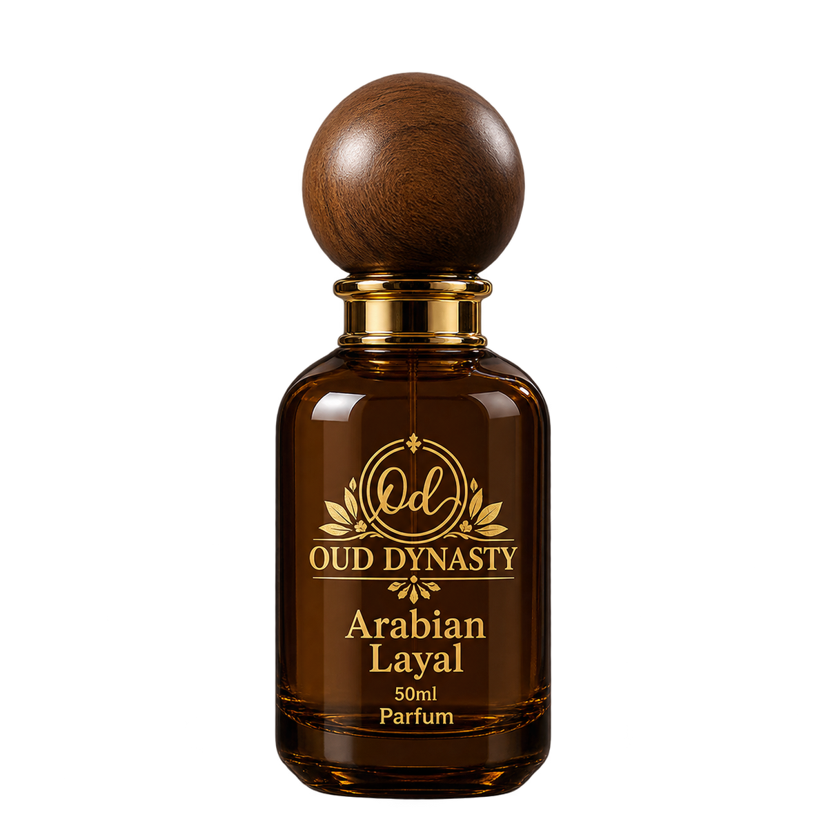 Oud Dynasty Arabian Nights 50ml parfum, amber glass bottle with wooden spherical cap