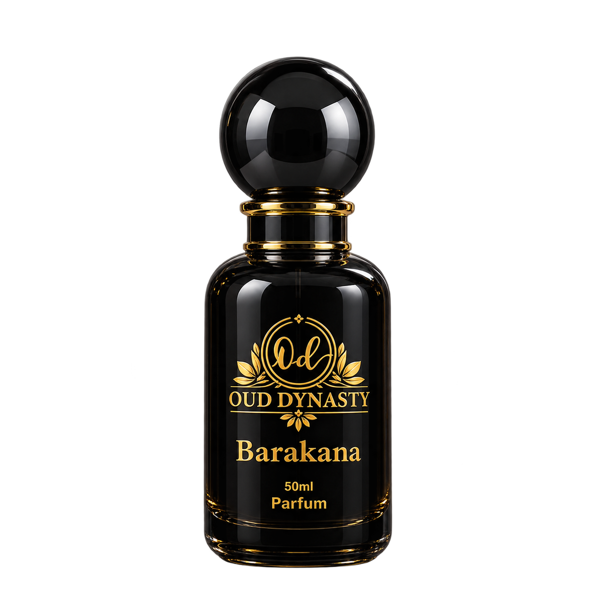 Oud Dynasty Barakana 50ml parfum, black glass bottle with gold lettering and gloss black cap