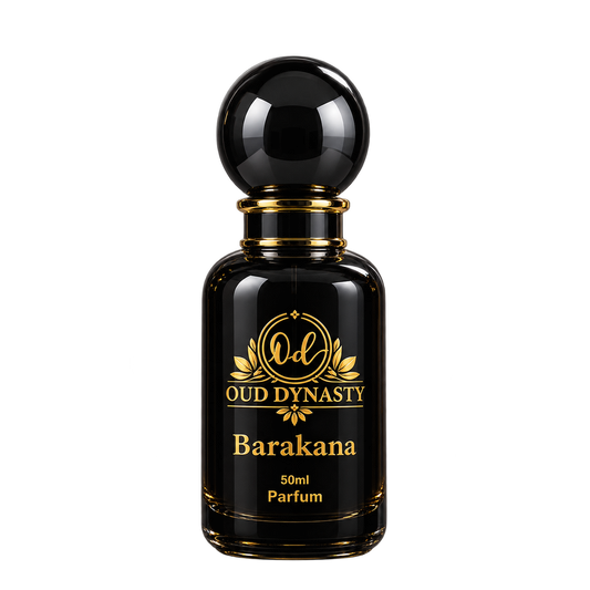 Oud Dynasty Barakana 50ml parfum, black glass bottle with gold lettering and gloss black cap