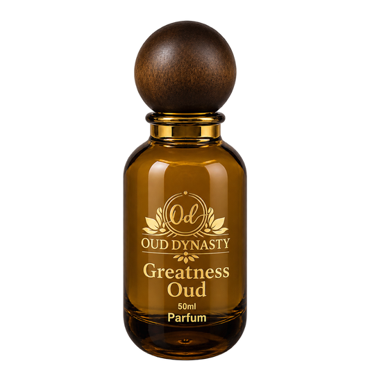 Oud Dynasty Greatness Oud 50ml parfum, amber glass bottle with dark wooden spherical cap