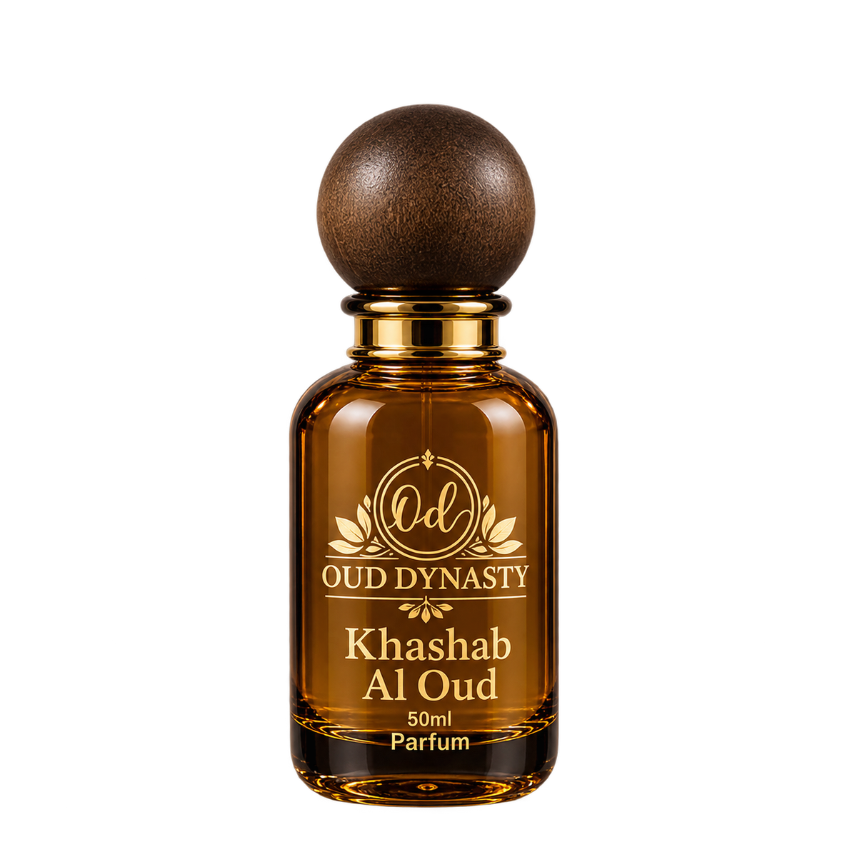 Oud Dynasty Khashab Al Oud 50ml parfum, dark glass bottle with gold lettering