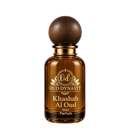 Oud Dynasty Khashab Al Oud 50ml parfum, dark glass bottle with gold lettering