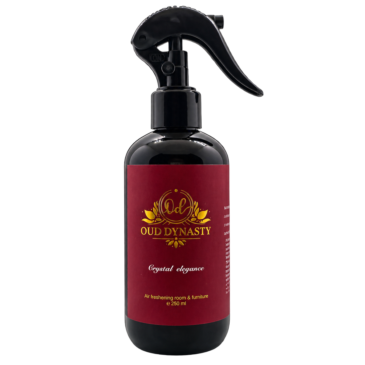 Oud Dynasty Crystal Elegance 250ml room and furniture spray in a black bottle with trigger nozzle