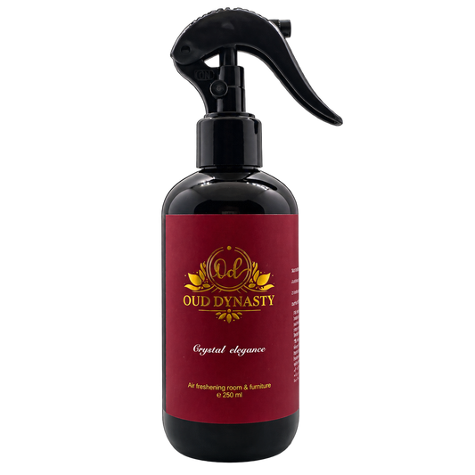 Oud Dynasty Crystal Elegance 250ml room and furniture spray in a black bottle with trigger nozzle