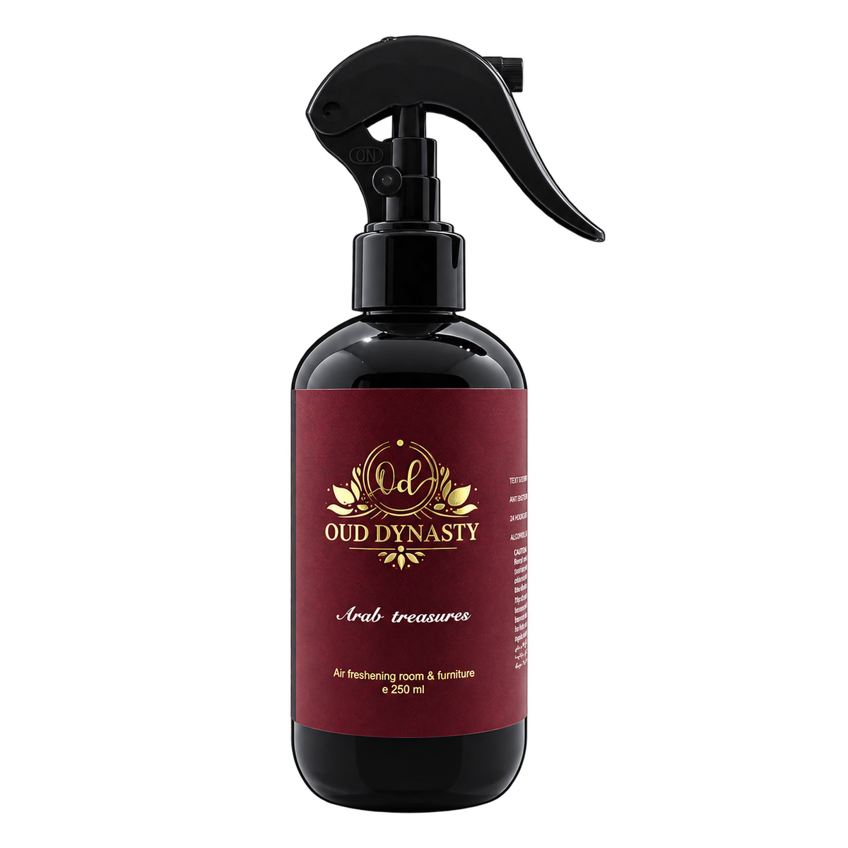 Oud Dynasty Arab Treasures 250ml room and furniture spray in a black bottle with trigger nozzle
