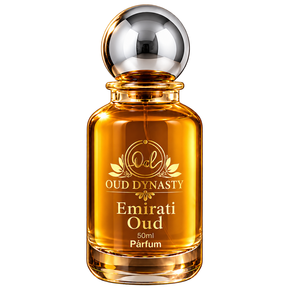 Oud Dynasty Emirati Oud 50ml parfum, golden amber glass bottle with chrome spherical cap