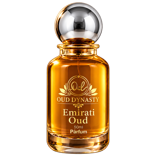 Oud Dynasty Emirati Oud 50ml parfum, golden amber glass bottle with chrome spherical cap