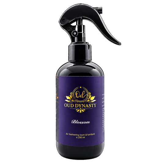 Oud Dynasty Blossom 250ml room and furniture spray in a black bottle with trigger nozzle