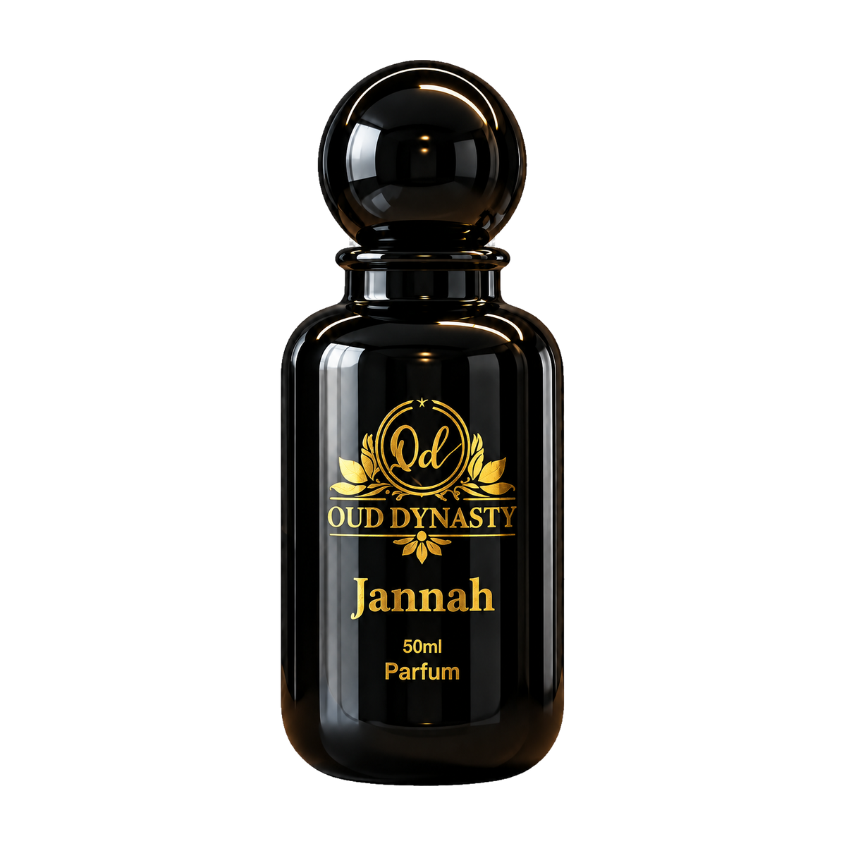 Oud Dynasty Jannah 50ml parfum bottle with gold lettering and spherical cap